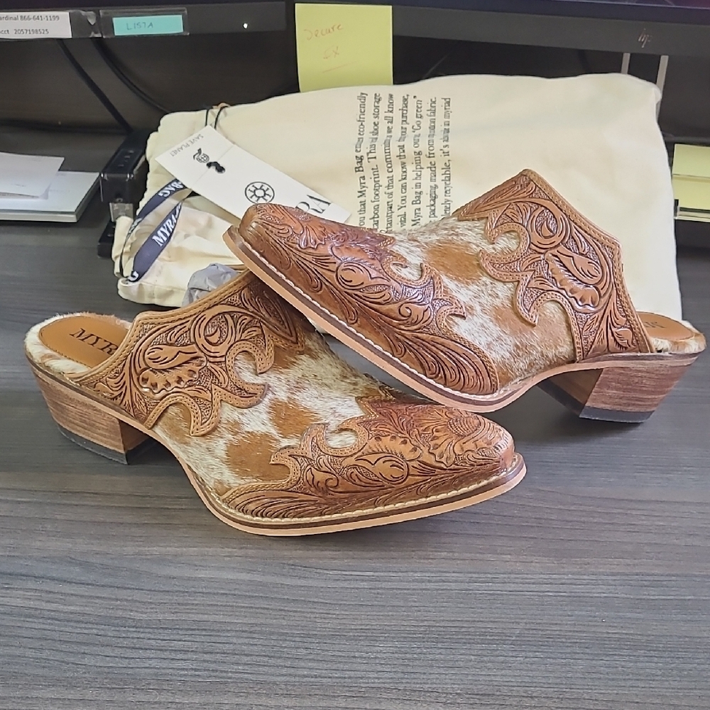 Myra - Lacey Hand-tooled Leather Mules Women's Brown Western Mules